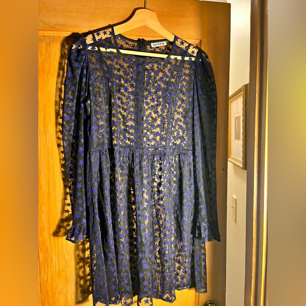 Batsheva Square Neck Mini Prairie Dress in Midnight Blue Flocked Star